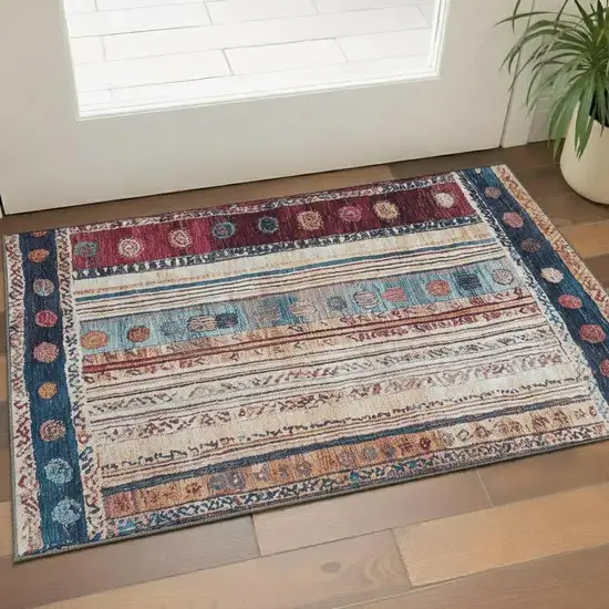 Navy Blue Merlot And Ivory Striped Washable Area Rug With UV Protection Photo 2