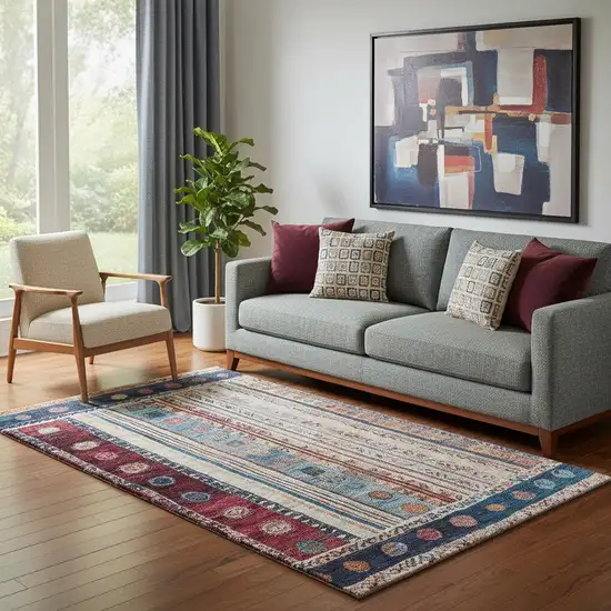 Navy Blue Merlot And Ivory Striped Washable Area Rug With UV Protection Photo 2