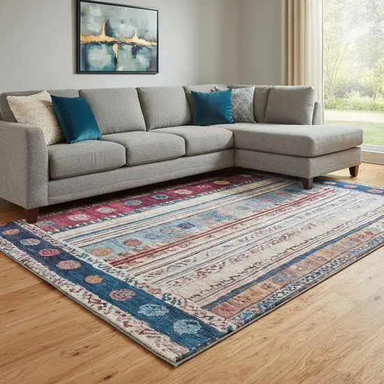 Navy Blue Merlot And Ivory Striped Washable Area Rug With UV Protection Photo 2