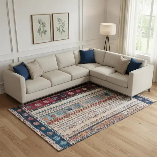 Navy Blue Merlot And Ivory Striped Washable Area Rug With UV Protection Photo 2