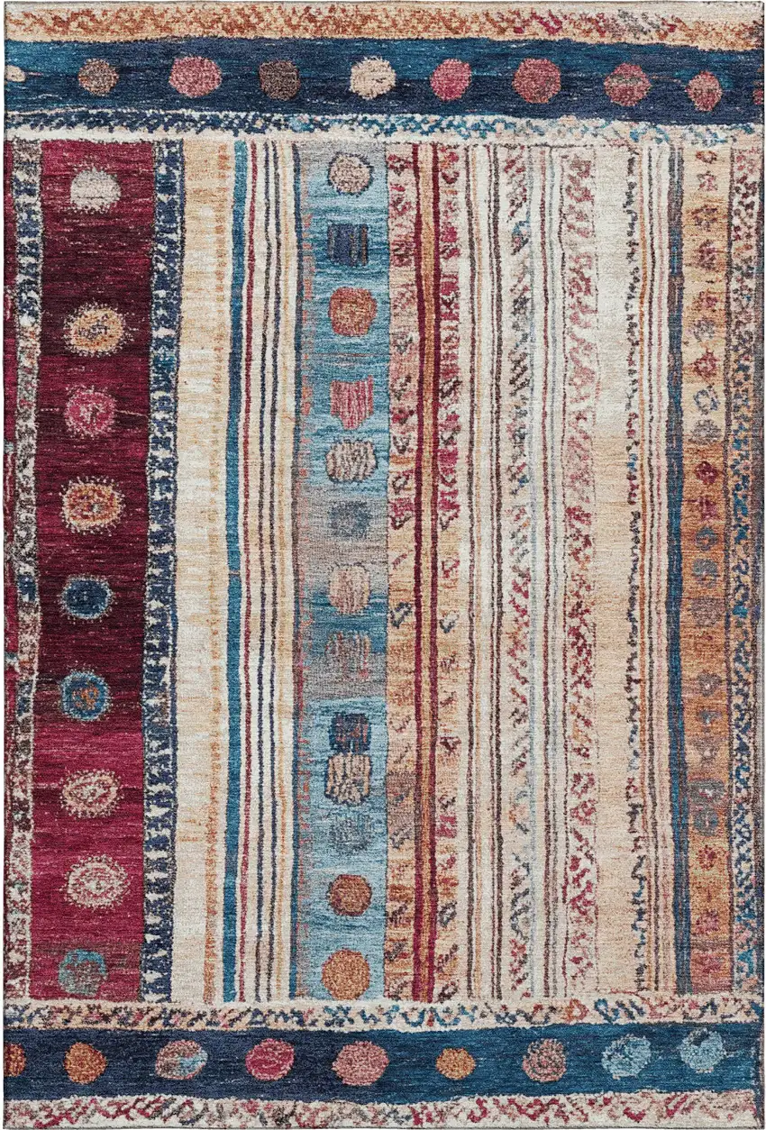 Navy Blue Merlot And Ivory Striped Washable Area Rug With UV Protection Photo 1