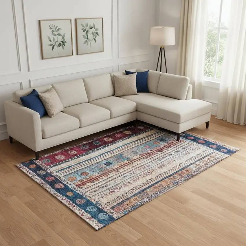 Navy Blue Merlot And Ivory Striped Washable Area Rug With UV Protection Photo 2