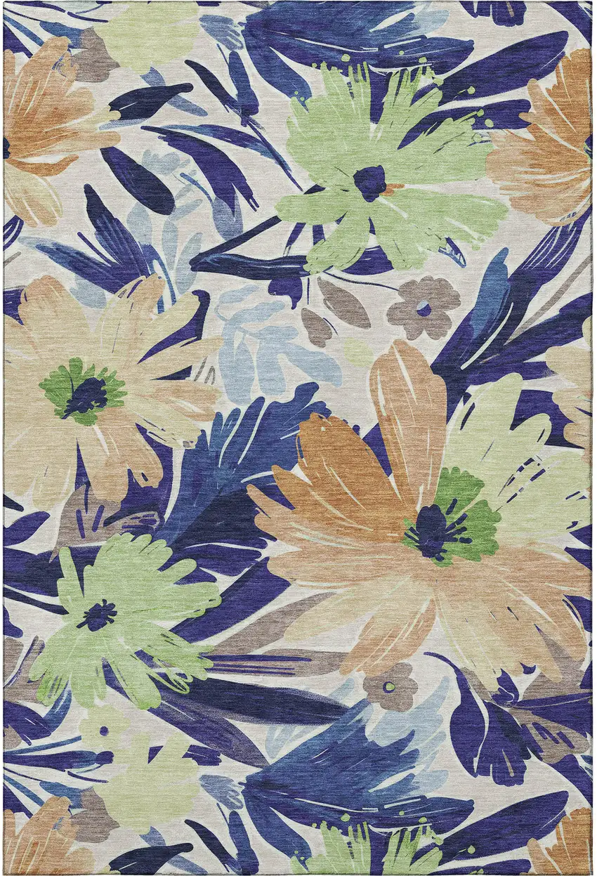Navy Blue Mint Green And Copper Floral Washable Area Rug With UV Protection Photo 3