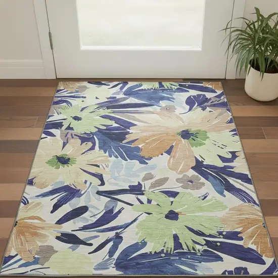 Navy Blue Mint Green And Copper Floral Washable Area Rug With UV Protection Photo 2