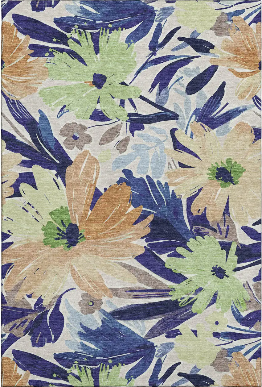 Navy Blue Mint Green And Copper Floral Washable Area Rug With UV Protection Photo 1