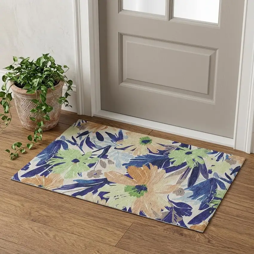 Navy Blue Mint Green And Copper Floral Washable Area Rug With UV Protection Photo 1