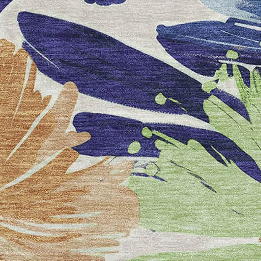Navy Blue Mint Green And Copper Floral Washable Area Rug With UV Protection Photo 2