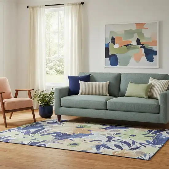 Navy Blue Mint Green And Copper Floral Washable Area Rug With UV Protection Photo 2