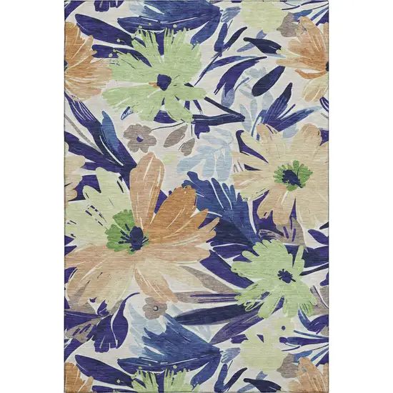Navy Blue Mint Green And Copper Floral Washable Area Rug With UV Protection Photo 1