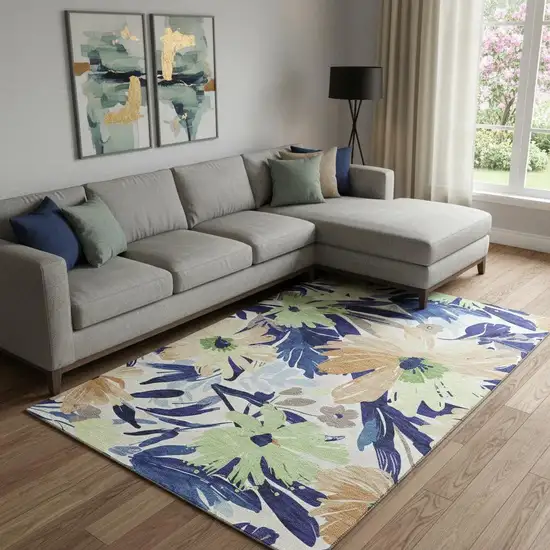 Navy Blue Mint Green And Copper Floral Washable Area Rug With UV Protection Photo 2