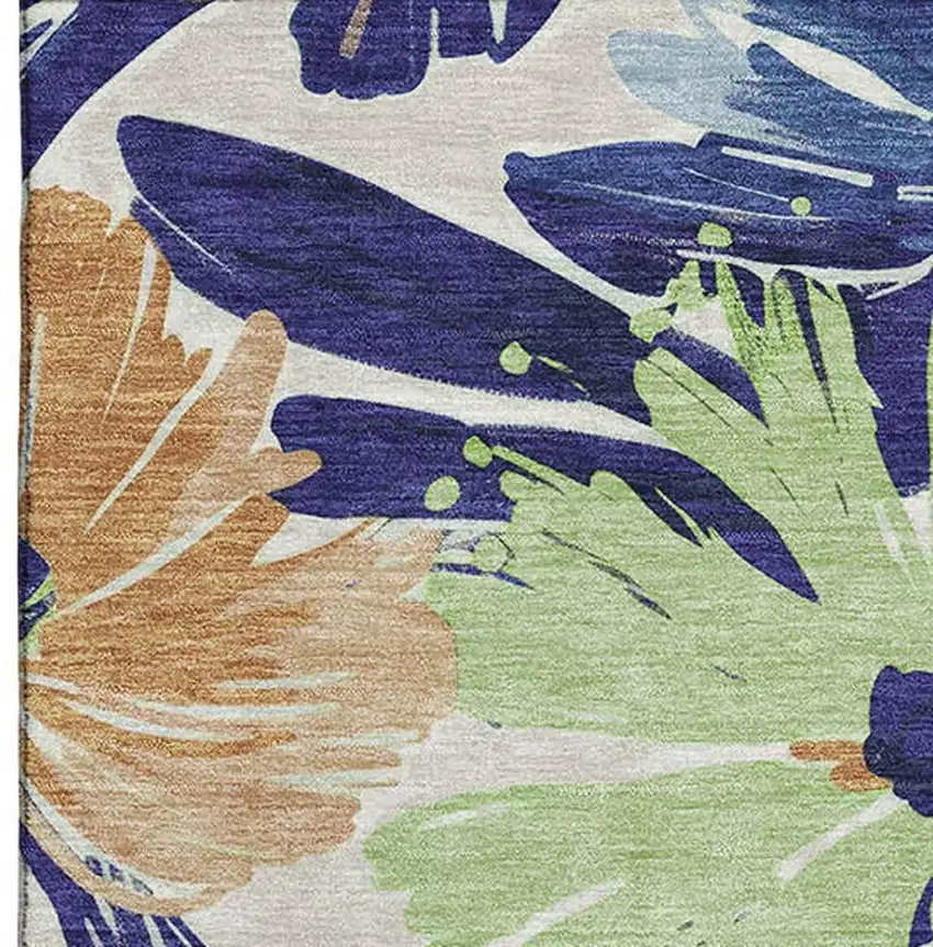 Navy Blue Mint Green And Copper Floral Washable Area Rug With UV Protection Photo 3