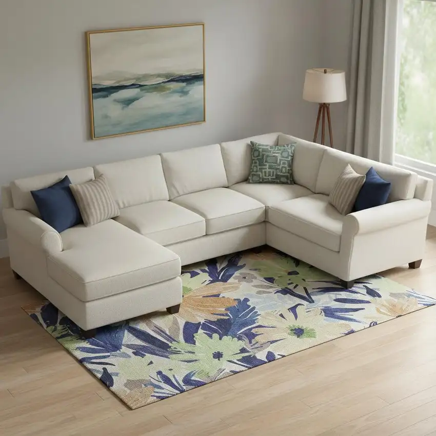 Navy Blue Mint Green And Copper Floral Washable Area Rug With UV Protection Photo 2