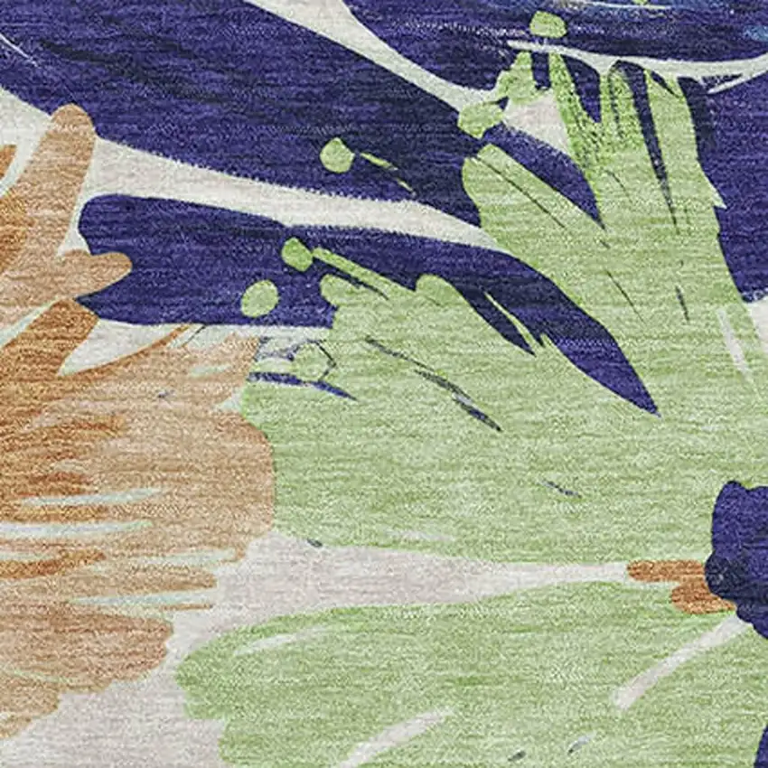 Navy Blue Mint Green And Copper Floral Washable Area Rug With UV Protection Photo 2