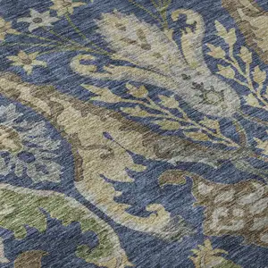 Photo of Navy Blue Olive Green And Brown Floral Washable Area Rug With UV Protection