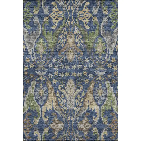 Navy Blue Olive Green And Brown Floral Washable Area Rug With UV Protection Photo 1