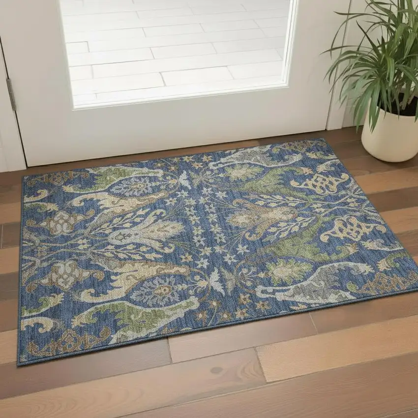 Navy Blue Olive Green And Brown Floral Washable Area Rug With UV Protection Photo 2