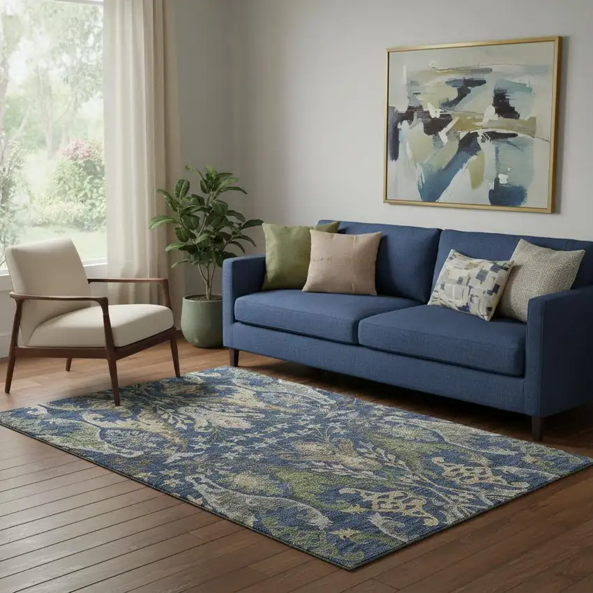 Navy Blue Olive Green And Brown Floral Washable Area Rug With UV Protection Photo 2