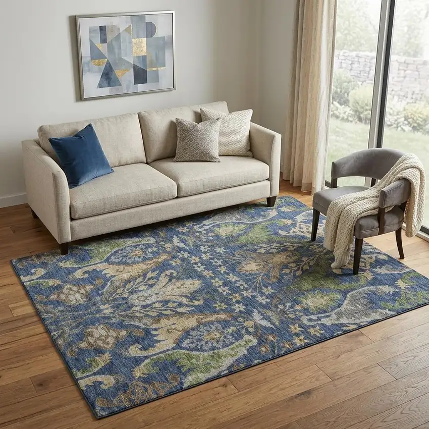 Navy Blue Olive Green And Brown Floral Washable Area Rug With UV Protection Photo 1