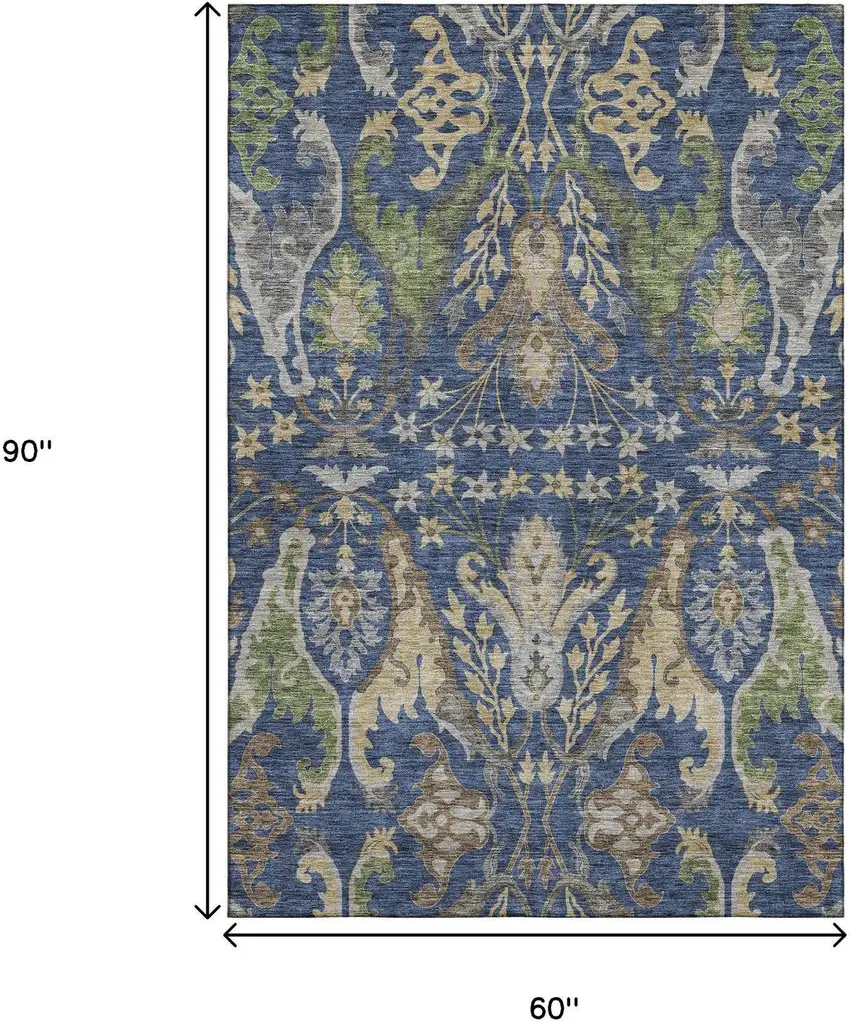 Navy Blue Olive Green And Brown Floral Washable Area Rug With UV Protection Photo 6