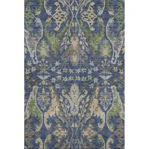 Photo of Navy Blue Olive Green And Brown Floral Washable Area Rug With UV Protection