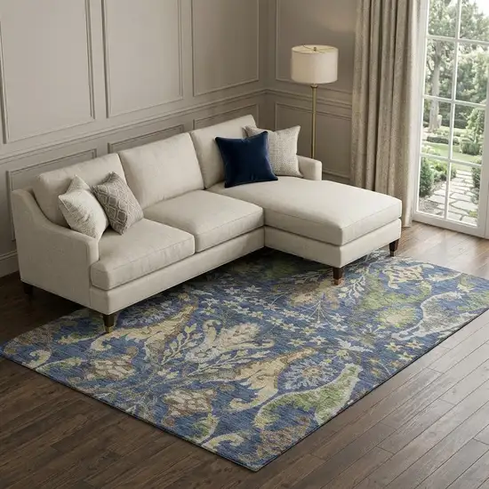 Navy Blue Olive Green And Brown Floral Washable Area Rug With UV Protection Photo 1