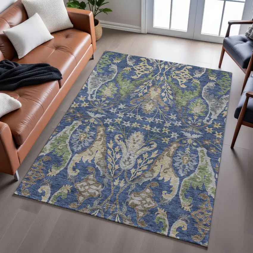 Navy Blue Olive Green And Brown Floral Washable Area Rug With UV Protection Photo 5
