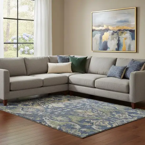 Navy Blue Olive Green And Brown Floral Washable Area Rug With UV Protection Photo 2