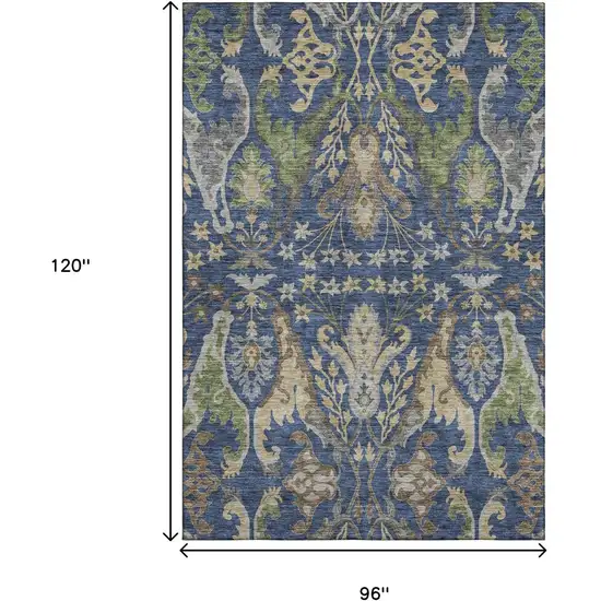 Navy Blue Olive Green And Brown Floral Washable Area Rug With UV Protection Photo 6