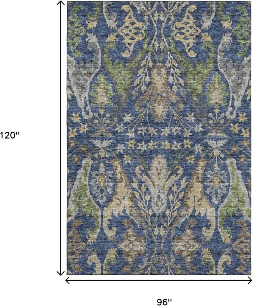 Navy Blue Olive Green And Brown Floral Washable Area Rug With UV Protection Photo 6