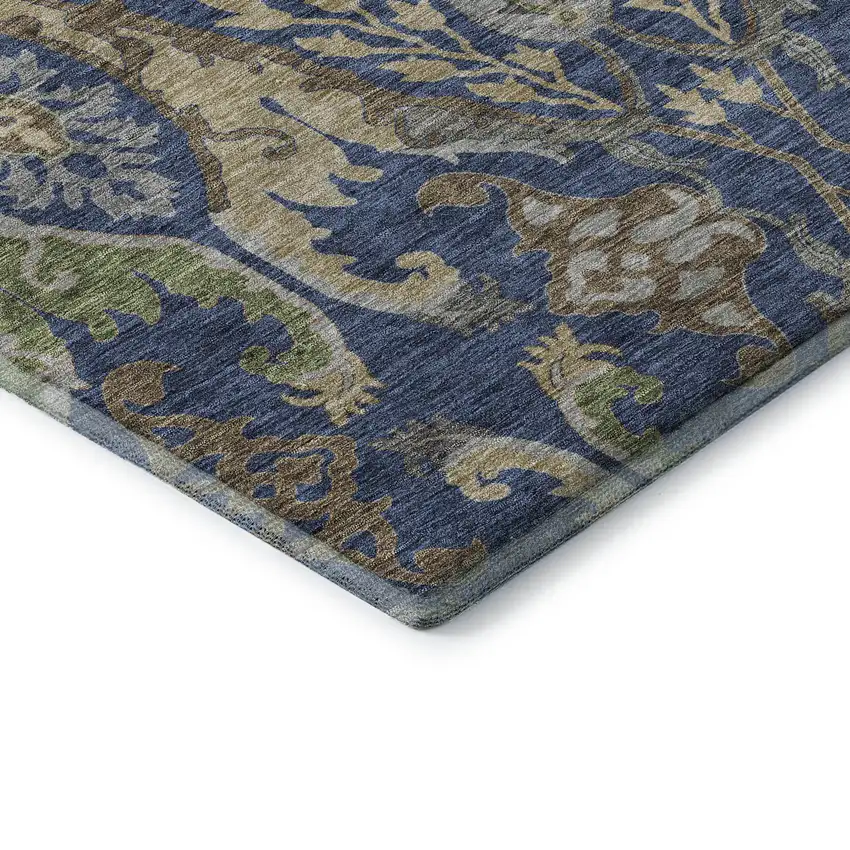 Navy Blue Olive Green And Brown Floral Washable Area Rug With UV Protection Photo 7