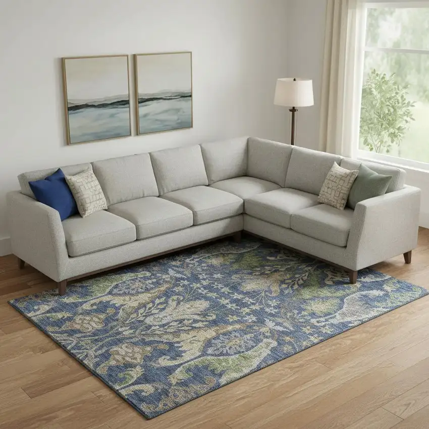 Navy Blue Olive Green And Brown Floral Washable Area Rug With UV Protection Photo 2