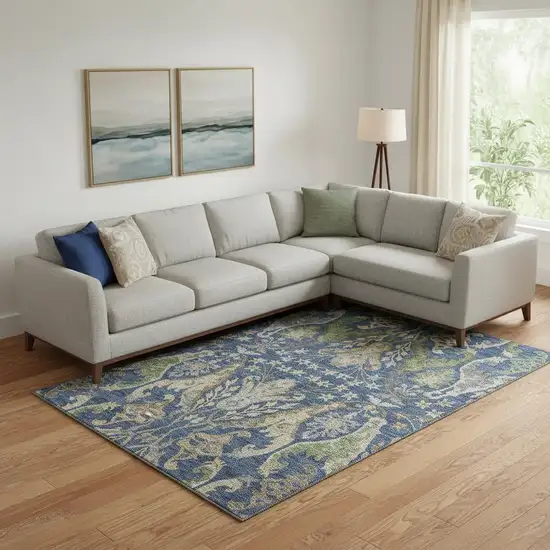 Navy Blue Olive Green And Brown Floral Washable Area Rug With UV Protection Photo 2