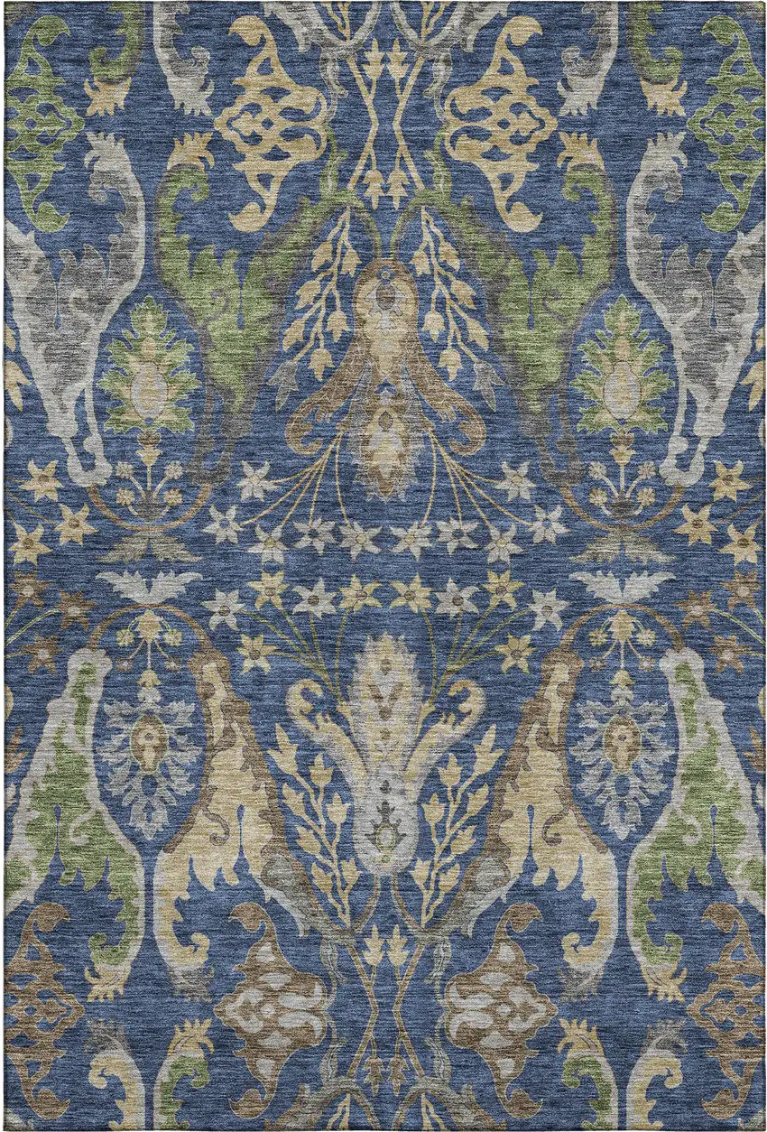 Navy Blue Olive Green And Brown Floral Washable Area Rug With UV Protection Photo 1