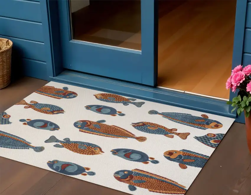 Navy Blue Orange And Cream Animal Print Indoor Outdoor Area Rug Photo 1