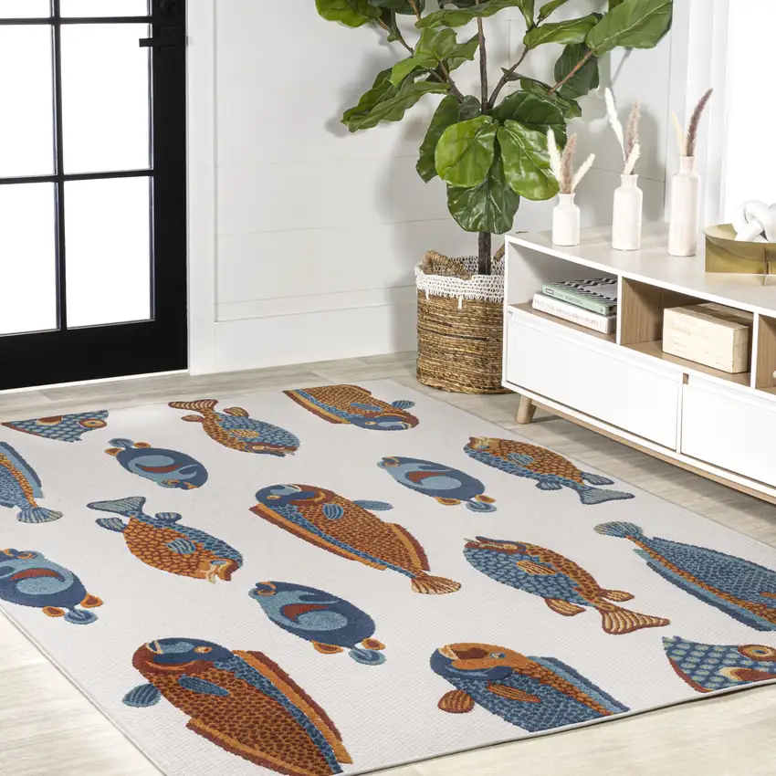 Navy Blue Orange And Cream Animal Print Indoor Outdoor Area Rug Photo 8