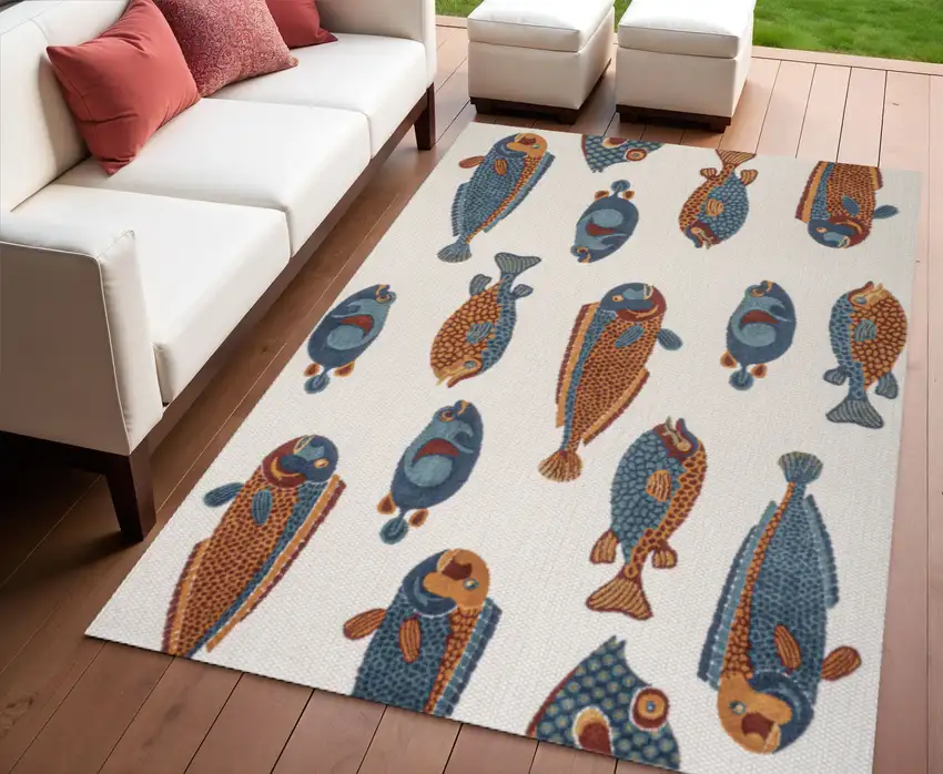 Navy Blue Orange And Cream Animal Print Indoor Outdoor Area Rug Photo 1