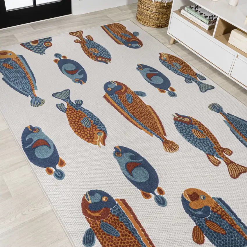 Navy Blue Orange And Cream Animal Print Indoor Outdoor Area Rug Photo 7