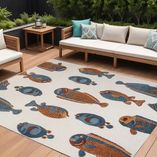 Navy Blue Orange And Cream Animal Print Indoor Outdoor Area Rug Photo 1