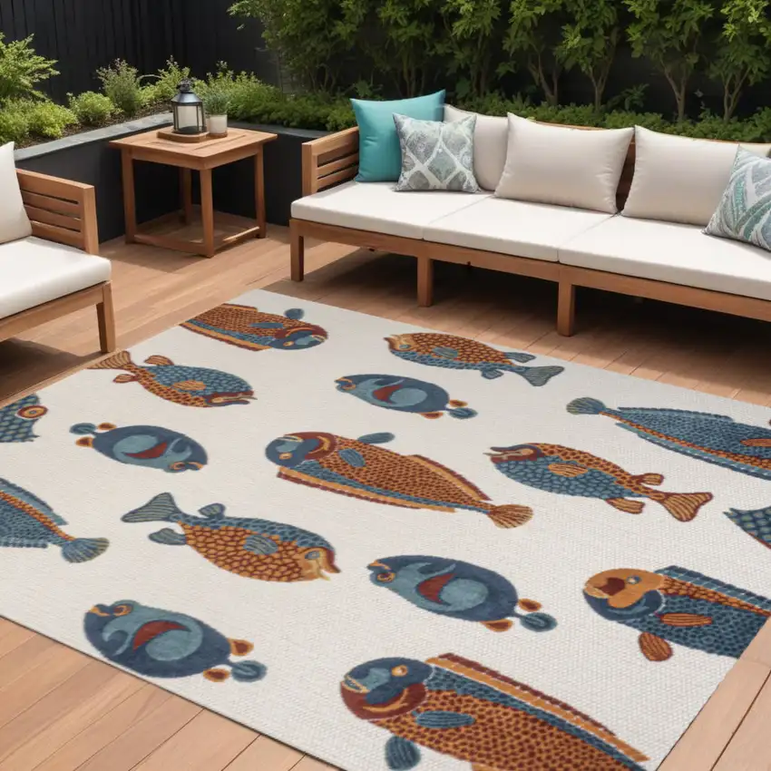 Navy Blue Orange And Cream Animal Print Indoor Outdoor Area Rug Photo 1