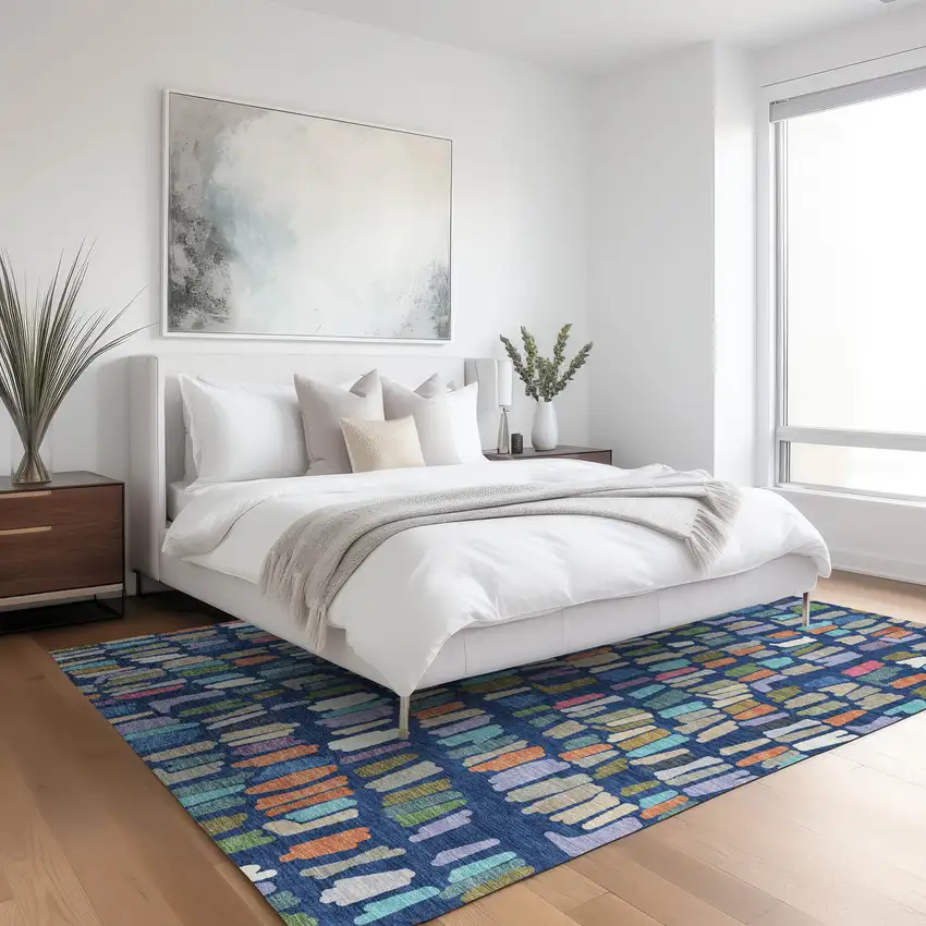 Navy Blue Orange And Green Striped Washable Indoor Outdoor Area Rug Photo 6