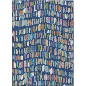 Photo of Navy Blue Orange And Green Striped Washable Indoor Outdoor Area Rug