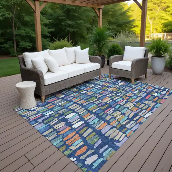 Navy Blue Orange And Green Striped Washable Indoor Outdoor Area Rug Photo 7