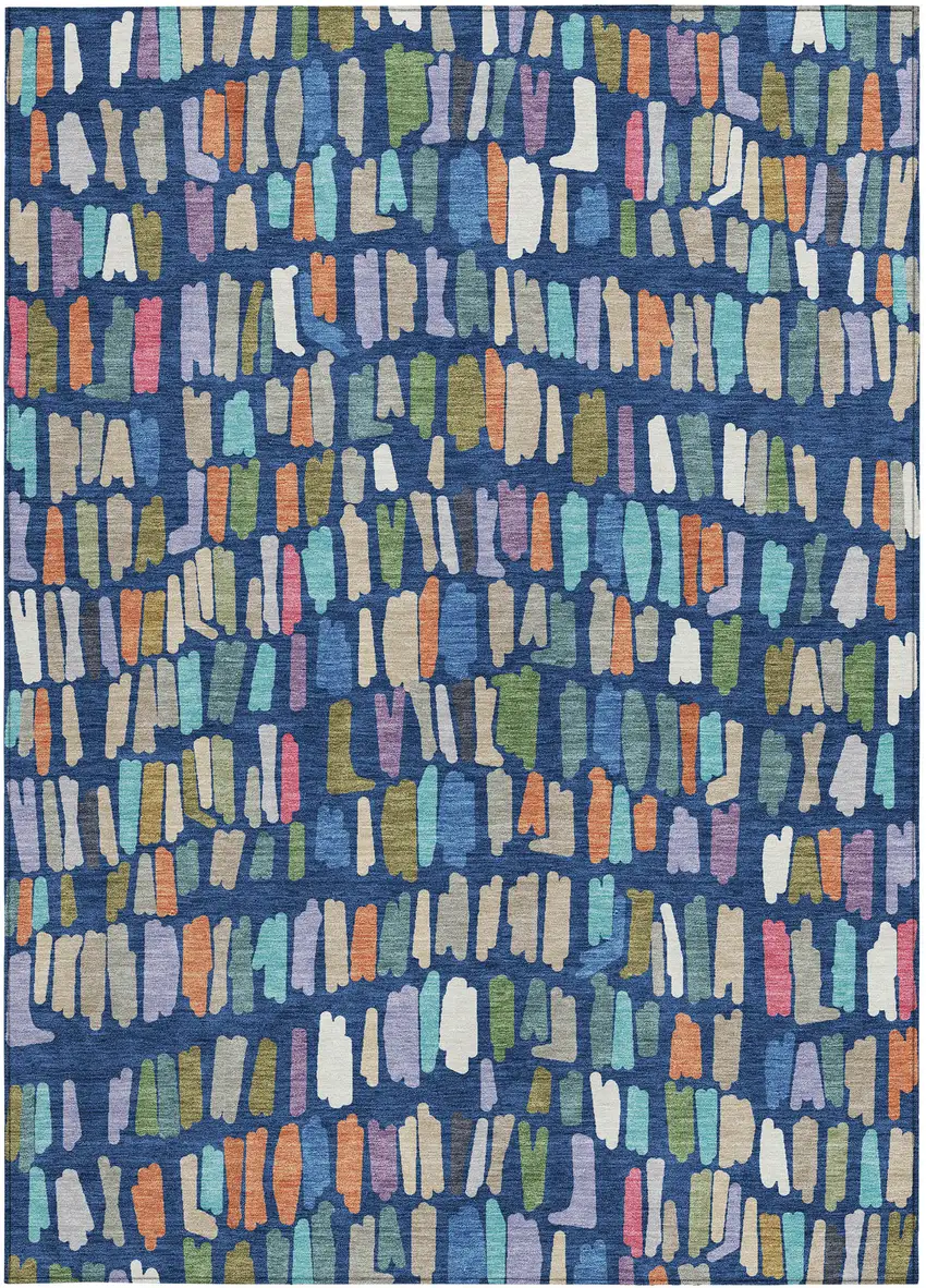 Navy Blue Orange And Green Striped Washable Indoor Outdoor Area Rug Photo 3