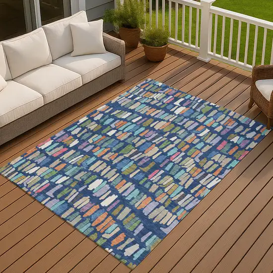 Navy Blue Orange And Green Striped Washable Indoor Outdoor Area Rug Photo 4
