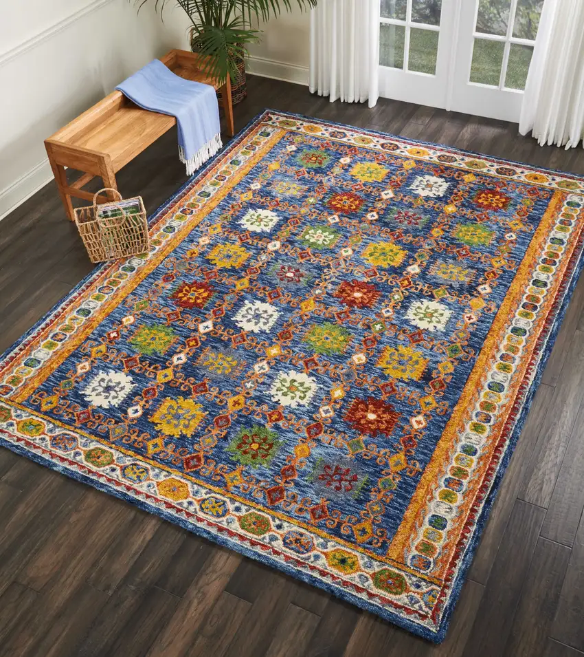 Navy Blue Orange And Green Wool Floral Hand Tufted Distressed Area Rug Photo 8