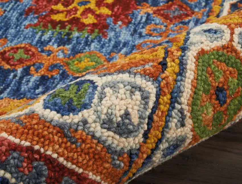 Navy Blue Orange And Green Wool Floral Hand Tufted Distressed Area Rug Photo 5
