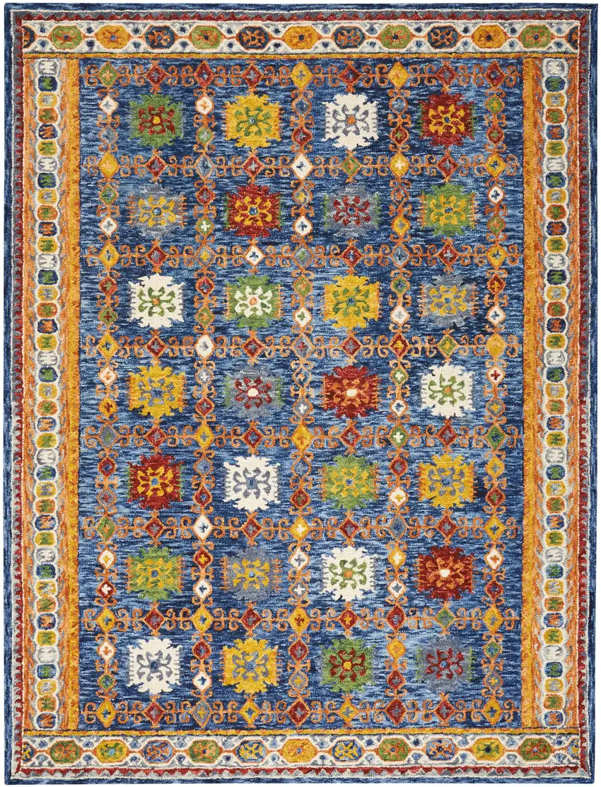 Navy Blue Orange And Green Wool Floral Hand Tufted Distressed Area Rug Photo 2