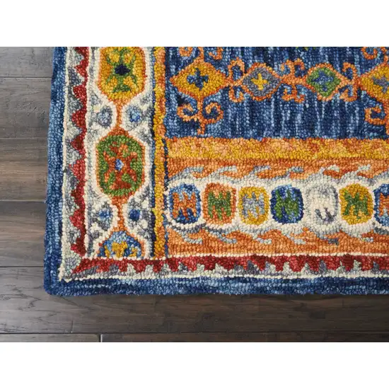 Navy Blue Orange And Green Wool Floral Hand Tufted Distressed Area Rug Photo 5