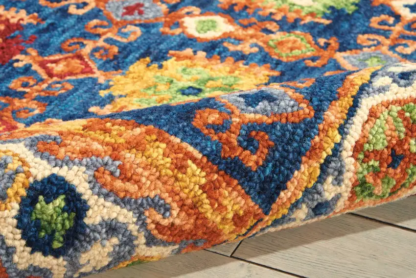 Navy Blue Orange And Green Wool Floral Hand Tufted Distressed Area Rug Photo 5