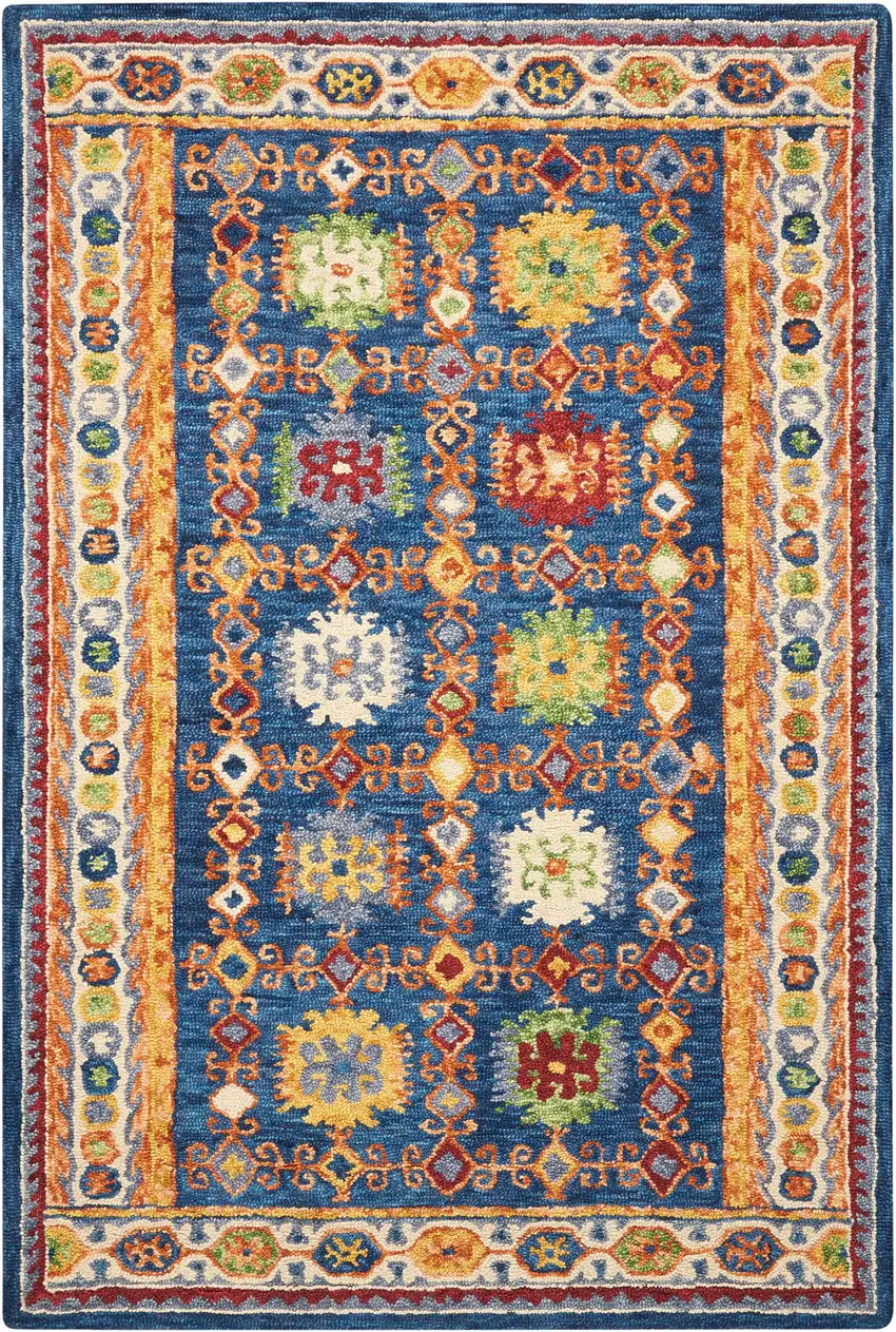 Navy Blue Orange And Green Wool Floral Hand Tufted Distressed Area Rug Photo 2
